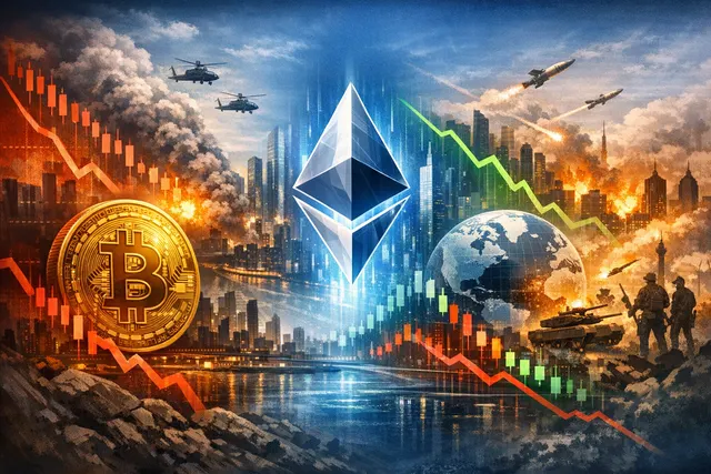 Split visual showing Bitcoin and Ethereum price charts diverging downward, with a financial market ticker running in the background during the May 2026 market volatility.