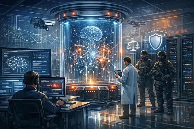 Abstract illustration of AI model monitoring, network isolation and cybersecurity safeguards