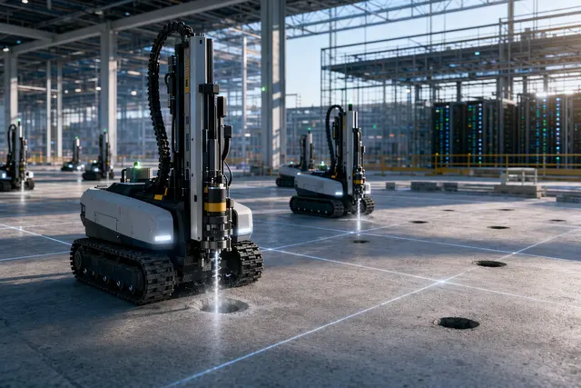 Autonomous downward-drilling construction robots operating as a fleet on a large jobsite