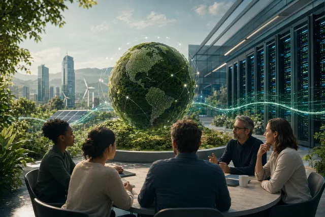 Concept illustration of sustainable AI infrastructure and energy-efficient data centers