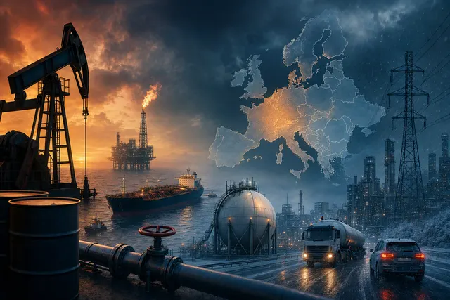 Editorial illustration of Europe’s energy shock and rising fuel costs
