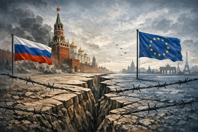 Editorial illustration of tensions between Moscow and the European Union amid stalled Ukraine peace efforts