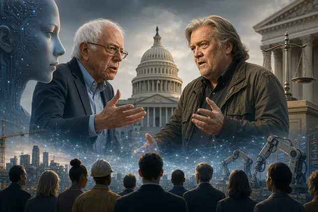 Editorial illustration of the debate over artificial intelligence oversight involving Bernie Sanders and Steve Bannon
