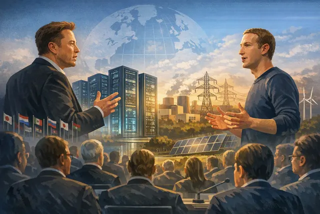 Editorial illustration of Elon Musk and Mark Zuckerberg discussing AI data centers and power infrastructure at a G20 meeting
