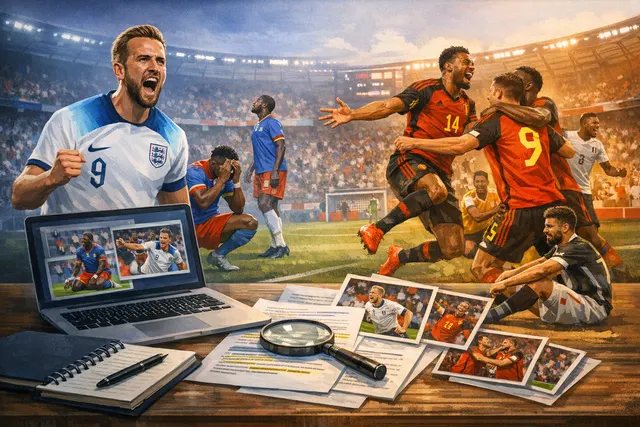 Dramatic FIFA World Cup round-of-32 action on July 1, 2026, showing Harry Kane celebrating his brace for England against DR Congo, with representation of Belgium's record-breaking