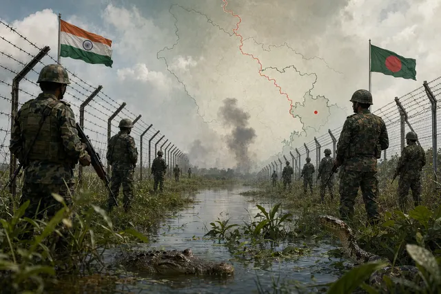 Illustration of security forces facing each other across the India–Bangladesh border fence
