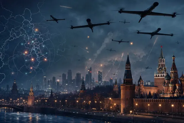 Illustration of drones approaching Moscow as air defenses respond during a nighttime attack