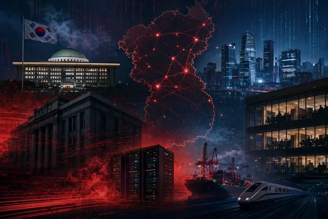 AI-generated editorial illustration representing cyber threats to South Korea’s public services and businesses