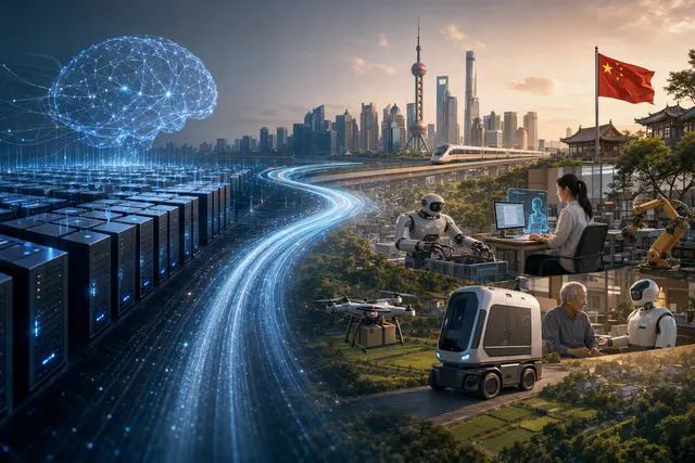 Editorial illustration of China’s shift from foundation-model development to AI agent deployment and inference infrastructure