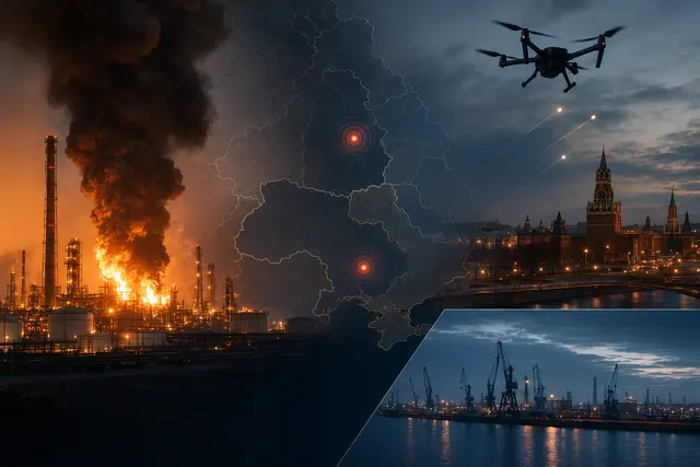 Illustration of drone strikes targeting an oil refinery during the Russia‑Ukraine drone war escalation