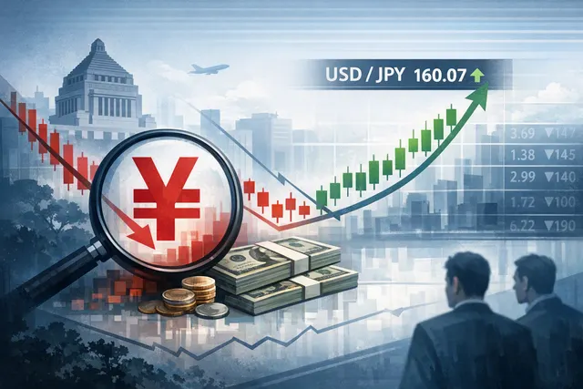 Abstract illustration of yen carry-trade positioning, USD/JPY near 160 and rising short-squeeze risk