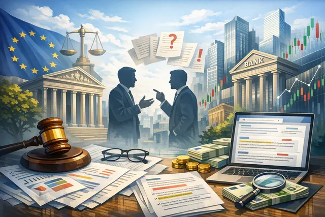 Illustration of a scale balancing a traditional stock exchange building against a modern bank building, with EU flags in the background, representing the regulatory debate between