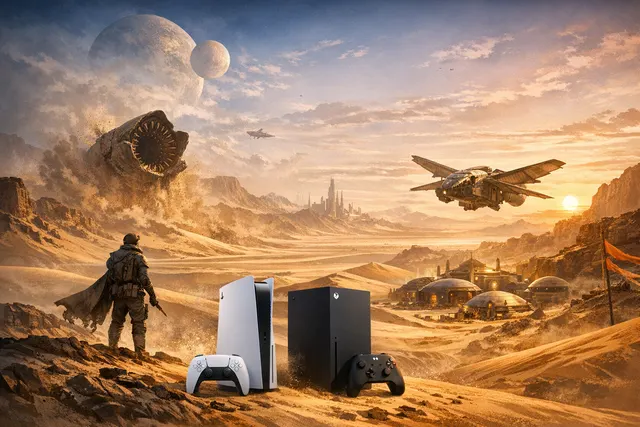 Dune: Awakening console launch announcement featuring a Fremen character overlooking the desert landscape of Arrakis