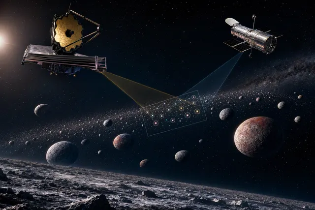 Illustration of faint icy trans-Neptunian objects in the Kuiper Belt observed by the James Webb and Hubble space telescopes