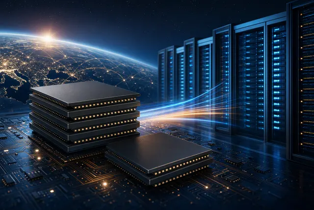 Editorial illustration of AI data-center demand driving a global memory-chip shortage