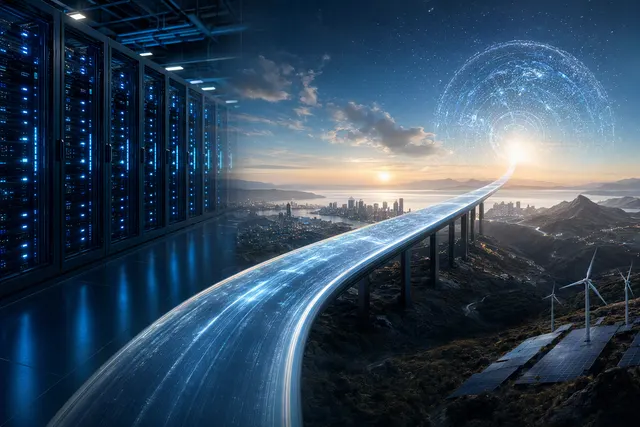 Editorial illustration representing AI infrastructure investment and the data center buildout