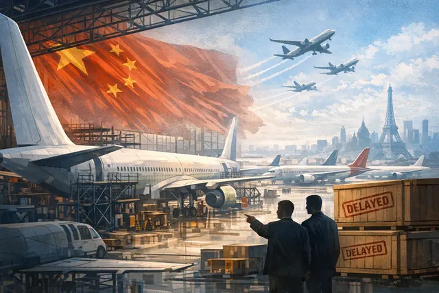 Illustration depicting an Airbus aircraft delayed on a runway with a Chinese regulatory stamp hovering above, representing the administrative hold on deliveries amid the COMAC C919