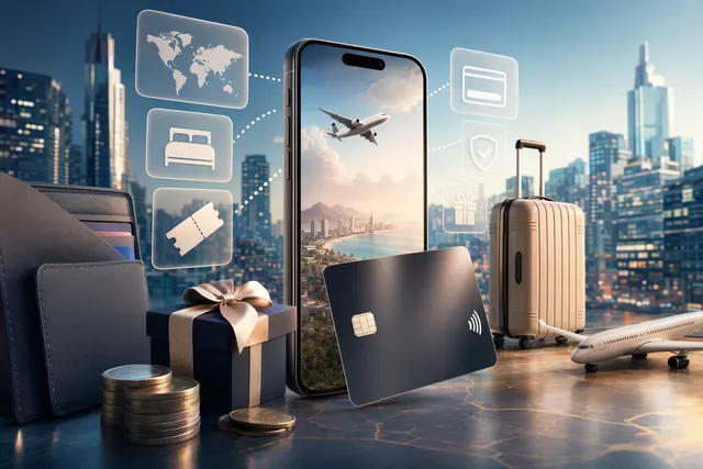 Illustration representing a travel fintech app combining payments, credit cards, and travel booking