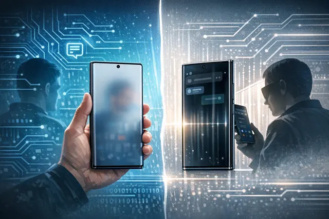 Abstract illustration comparing software and hardware privacy display technologies on smartphones