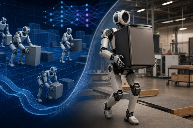 Humanoid robot Atlas lifting and carrying a heavy mini-fridge as part of reinforcement learning training for industrial material handling