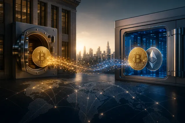 Illustration of institutional Bitcoin transfer activity between a crypto ETF and Coinbase Prime