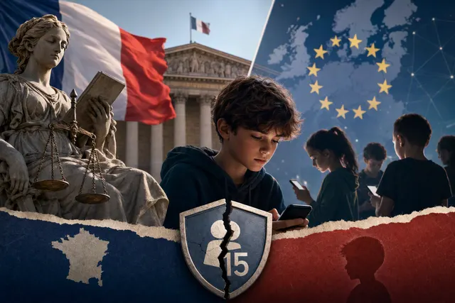 Editorial illustration about France’s proposed social media restrictions for children under 15