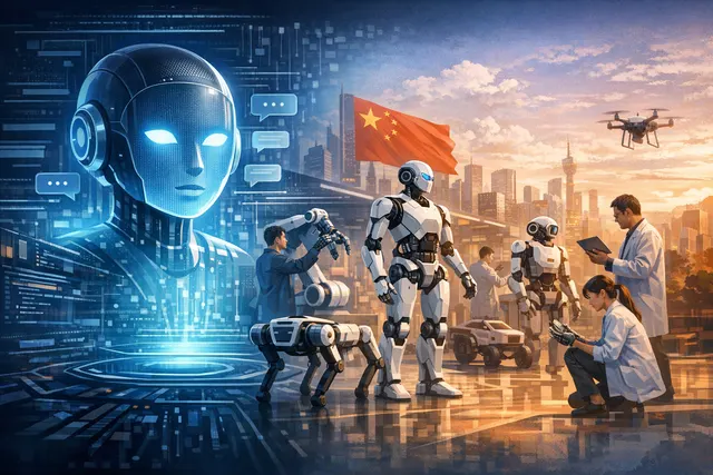 An AI robot standing in a futuristic server room, symbolizing the integration of artificial intelligence and physical robotics.
