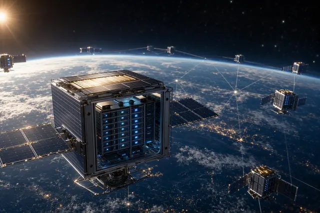 Editorial illustration of an AI-computing satellite orbiting Earth for SpaceX’s Starmind concept