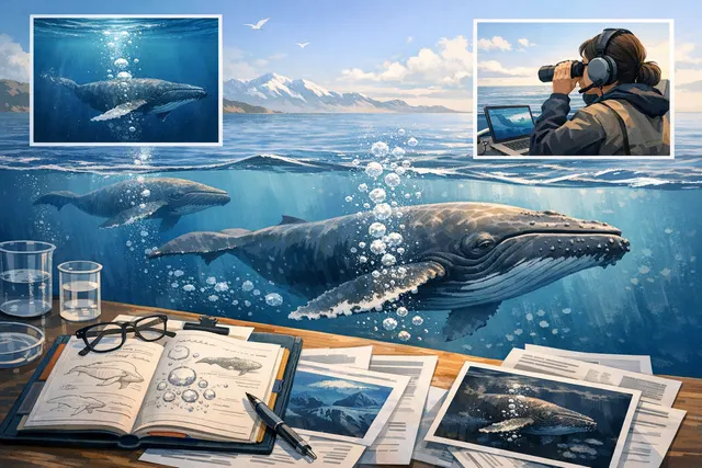 Sperm whales sleeping vertically in the ocean, with bubble trails rising from their heads toward the surface.