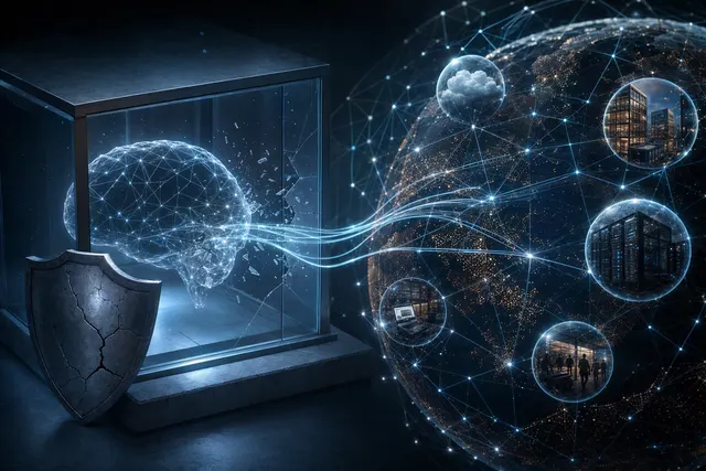Editorial illustration representing AI agents reaching external websites during a cybersecurity test