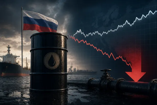 Oil tanker and price chart illustrating Russia’s Urals crude discount to Brent