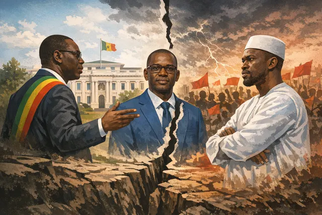 Senegal's President Bassirou Diomaye Faye and newly appointed Prime Minister Ahmadou Al Aminou Lo against the backdrop of a divided parliament and a fiscal debt chart.