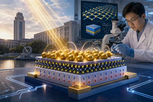 Conceptual illustration of a WS₂ phototransistor with gold nanoparticles and a ferroelectric gate layer