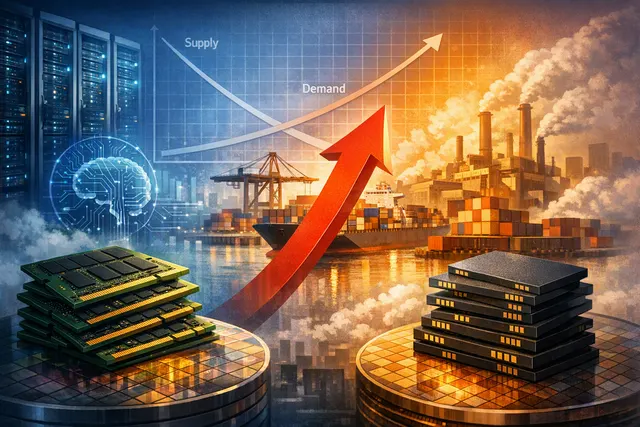 AI data center servers and memory chips representing the 2026 DRAM and NAND supply squeeze