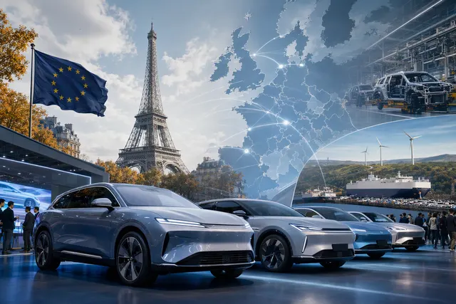AI-generated editorial illustration representing Chinese automakers’ growing presence at the Paris Motor Show