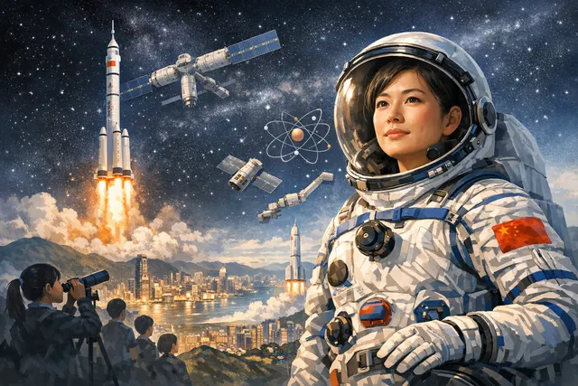 Hong Kong astronaut Lai Ka-ying in a spacesuit, with a rocket launch and educational icons representing the surge in aerospace course interest.