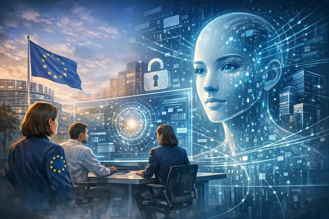 European Union and AI cybersecurity concept representing the EU gaining access to advanced defensive AI technology through Project Glasswing.