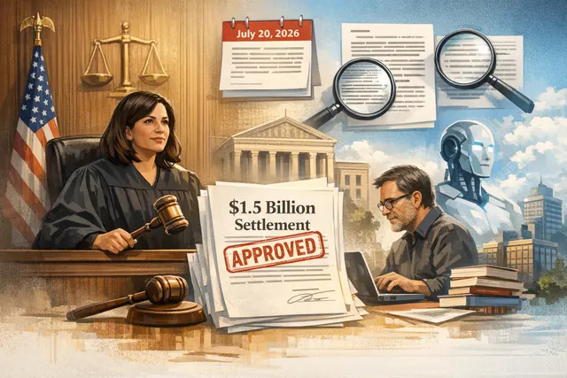 An illustration of a gavel, books, and digital code representing the intersection of copyright law, AI training data, and the historic $1.5 billion settlement between Anthropic and
