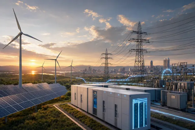 Conceptual illustration of renewable power, battery storage and electric-grid infrastructure