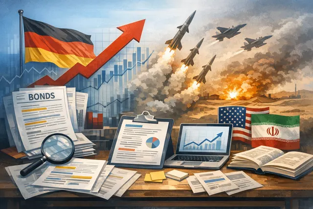 Graphic representation of German Bund yields rising alongside oil prices and U.S.-Iran military escalation in mid-July 2026.