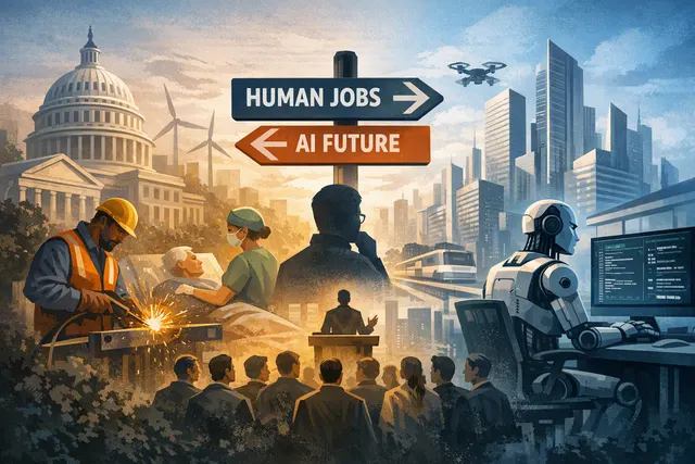 Editorial illustration of human workers and artificial intelligence balancing in a changing workplace