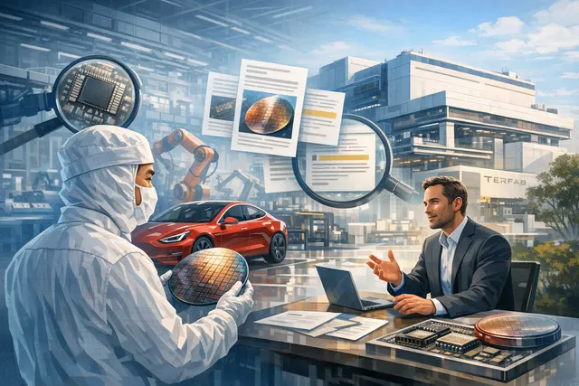 AI-generated image representing Tesla's Terafab chip plant and semiconductor engineer recruitment campaign targeting TSMC talent in Taiwan.