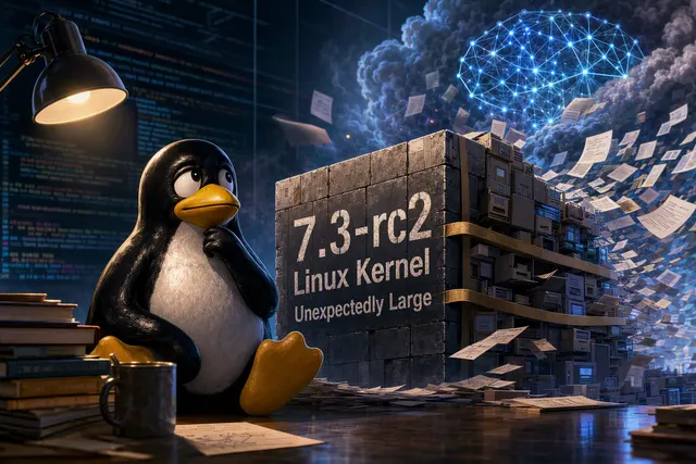 Editorial illustration of Linux kernel development, code, and AI-assisted bug analysis