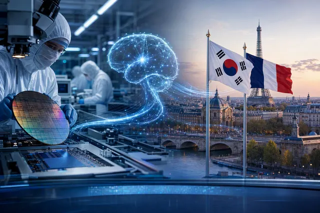 Editorial illustration of Samsung and Mistral AI collaborating on on-premises artificial intelligence for semiconductor manufacturing