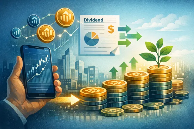 Conceptual illustration of Binance trading interface showing tokenized equities alongside crypto assets, with dividend reinvestment flow on a blockchain network background