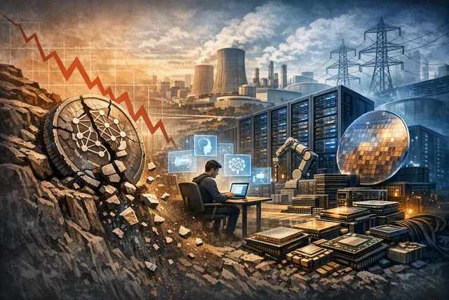 Abstract editorial illustration of AI servers, computer chips and falling digital price indicators