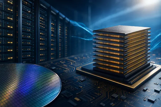 Illustration of a stacked high-bandwidth memory chip for AI accelerators