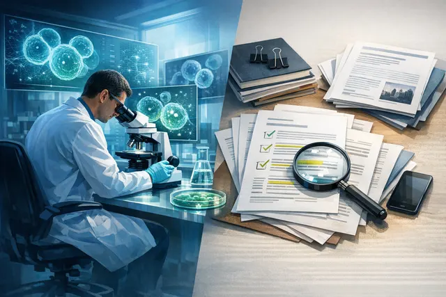 AI-powered drug discovery concept showing cells and data analysis for precision medicine