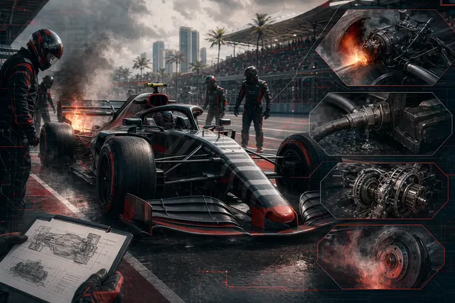 AI-generated illustration of a smoking Formula 1 car in a Miami-style pit lane
