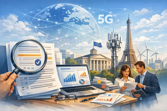 Abstract visualization of interconnected European telecom network nodes with Chinese and European vendor labels, illustrating the cost of replacing Huawei and ZTE equipment